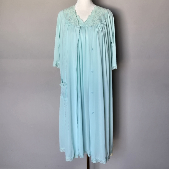 Vintage Shadowline Peignoir Set Nylon Lace Trim Nightgown Robe Pastel Aqua USA - Picture 1 of 15